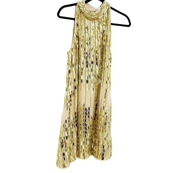 Mac Duggal High Neck Sleeveless Sequin Swing Mini Dress Nude Gold Size M NWT - Picture 7 of 13